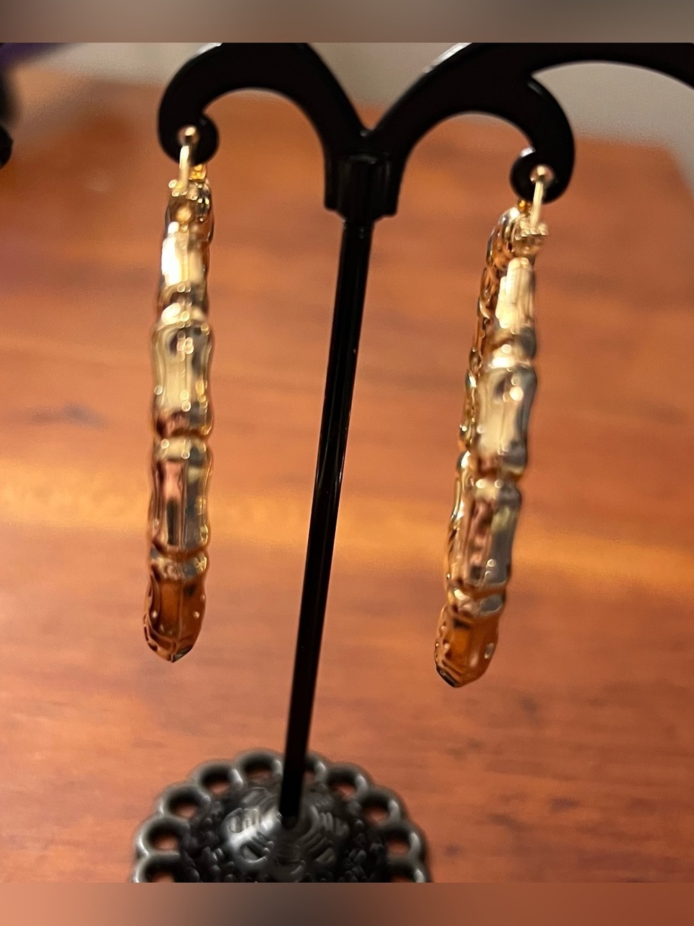 Gold Filled Bamboo Hoop Earrings Hinged Click Closure Retro 1.75" diameter #607 - Picture 4 of 4